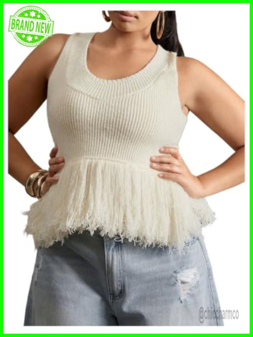 Plus Size Fringe Knit Sweater Vest U Neck Sleeveless Tank Top